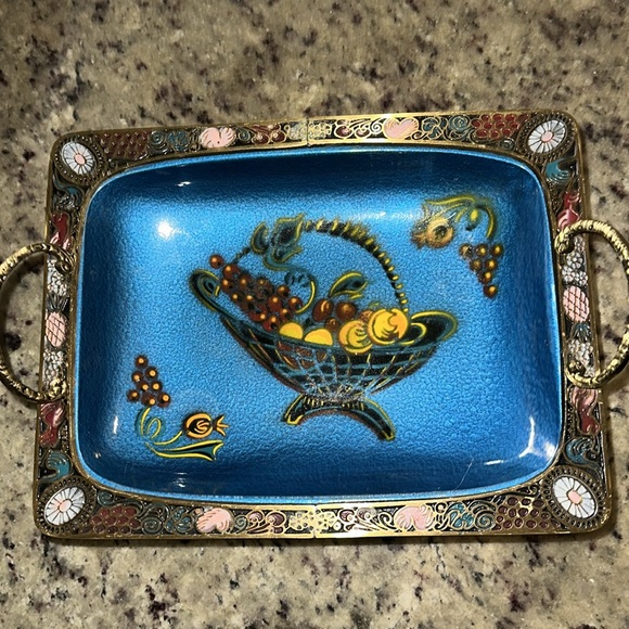 Vintage BRASS ENAMELED FOOTED Tray - Picture 2 of 11